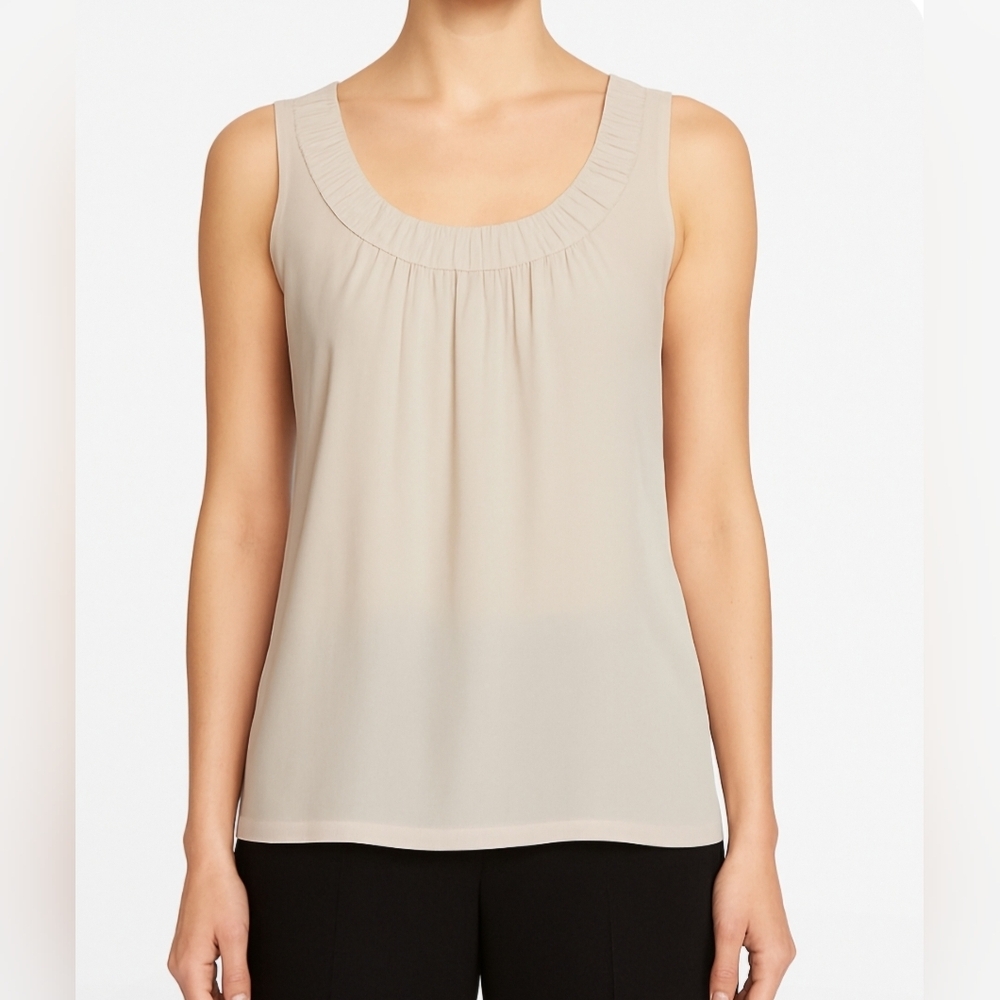 St. John Women's Limestone Silk Sleveless Pleated Scoop Neck Tank Top Size 10